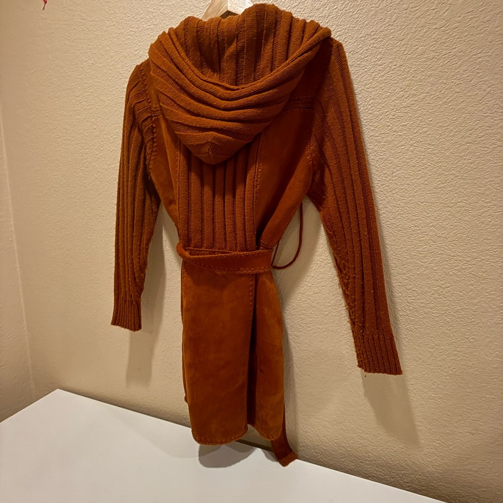 Vintage 1970s Terracotta Leather Suede Knit Crochet Hooded  Jacket Coat, Grunge - Picture 11 of 14